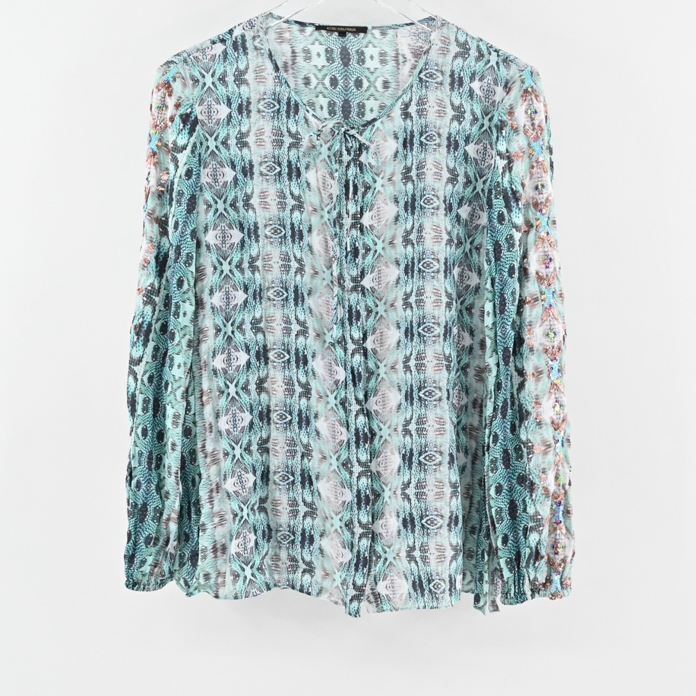 KOBI HALPERIN Womens Lapenna Top Sz XL Blue‎ Snake Print Sequin Peasant Blouse